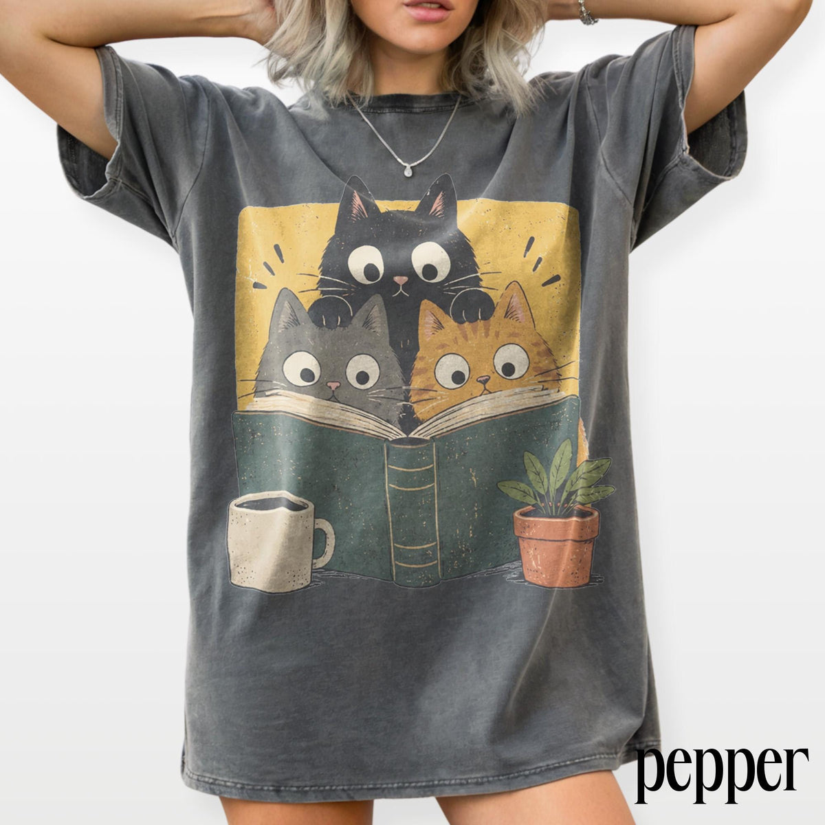 Retro Curious Reading Cats Graphic Tee, Book Lover Cat Shirt, Cozy Cottagecore Vintage Top, Comfort Colors® Reader Gift Tee image 6