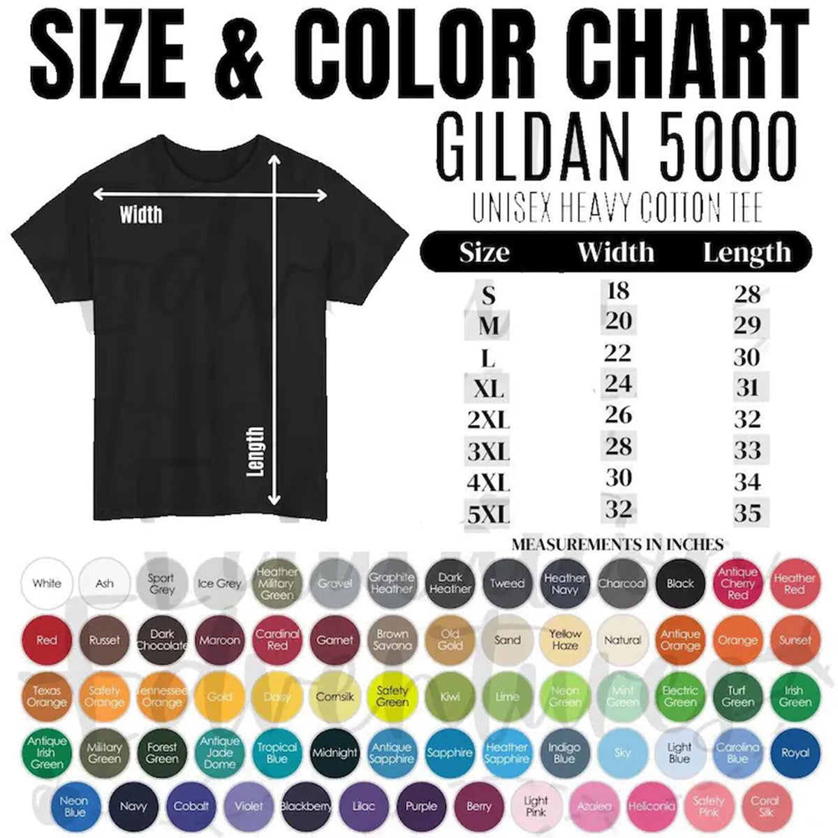 May include: A Gildan 5000 unisex heavy cotton t-shirt size and color chart. The graphic displays a black t-shirt with width and length arrows, a size chart with measurements in inches for sizes S to 5XL, and a grid of various color circles.