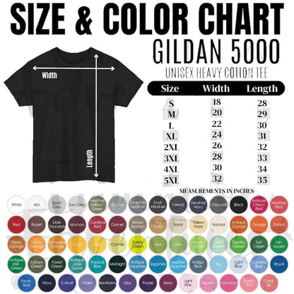 May include: A Gildan 5000 unisex heavy cotton t-shirt size and color chart. The graphic displays a black t-shirt with width and length arrows, a size chart with measurements in inches for sizes S to 5XL, and a grid of various color circles.