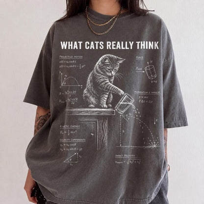 May include: A charcoal gray short-sleeve t-shirt featuring a white graphic of a cat pushing a glass off a table. The design includes the text WHAT CATS REALLY THINK and various physics equations related to projectile motion, force, and momentum.