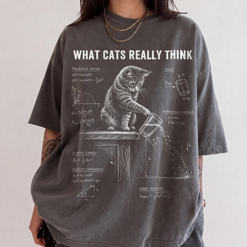 May include: A charcoal gray short-sleeve t-shirt featuring a white graphic of a cat pushing a glass off a table. The design includes the text WHAT CATS REALLY THINK and various physics equations related to projectile motion, force, and momentum.