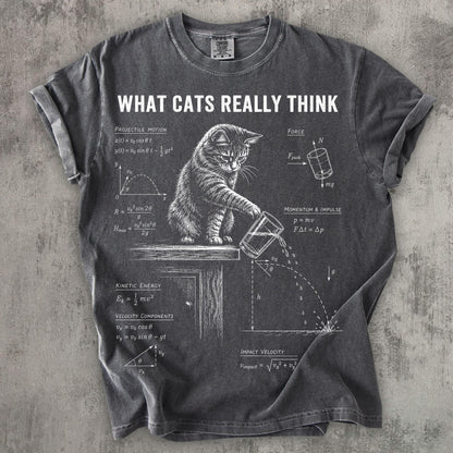 May include: A charcoal gray t-shirt featuring a white graphic of a cat pushing a glass off a ledge, surrounded by physics equations and diagrams. The text reads WHAT CATS REALLY THINK, along with labels for Projectile Motion, Force, and Kinetic Energy.