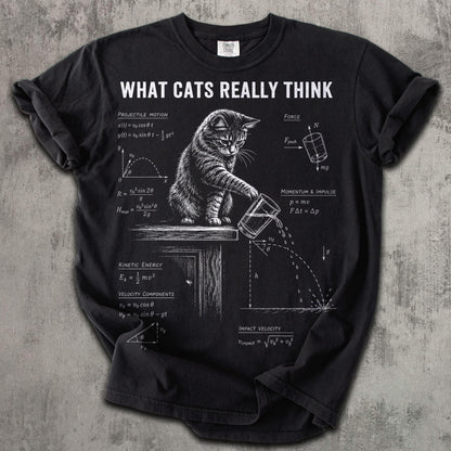 May include: A black t-shirt featuring a white graphic of a cat pushing a glass off a table. The design includes physics equations and diagrams labeled Projectile Motion, Force, Momentum, Kinetic Energy, and Impact Velocity with the text WHAT CATS REALLY THINK.