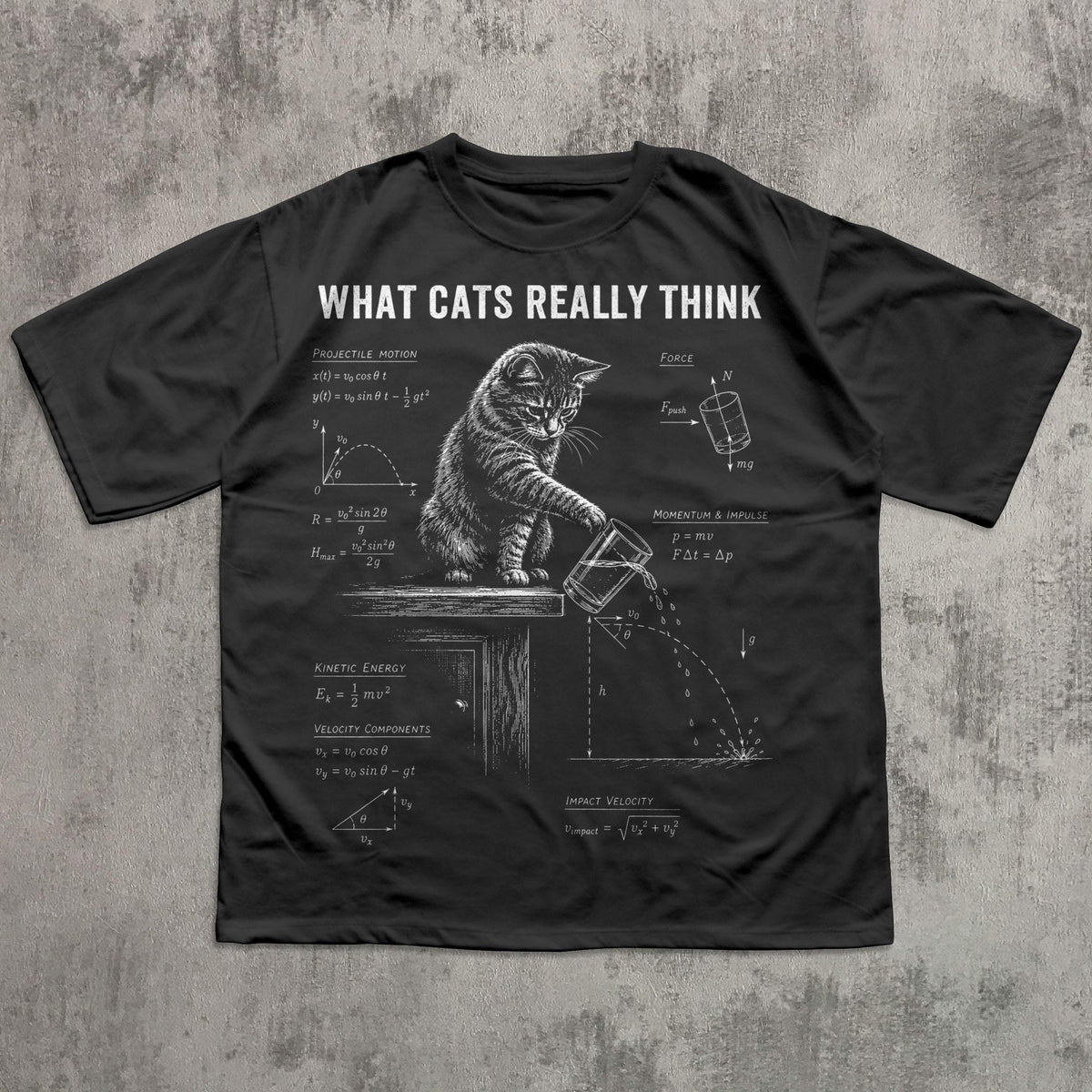 May include: A black t-shirt featuring a white graphic of a cat pushing a glass off a table, surrounded by physics equations and the text "WHAT CATS REALLY THINK". The design includes diagrams for projectile motion, force, and kinetic energy.