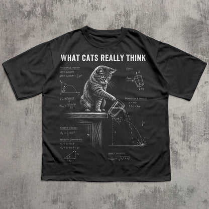 May include: A black t-shirt featuring a white graphic of a cat pushing a glass off a table, surrounded by physics equations and the text "WHAT CATS REALLY THINK". The design includes diagrams for projectile motion, force, and kinetic energy.