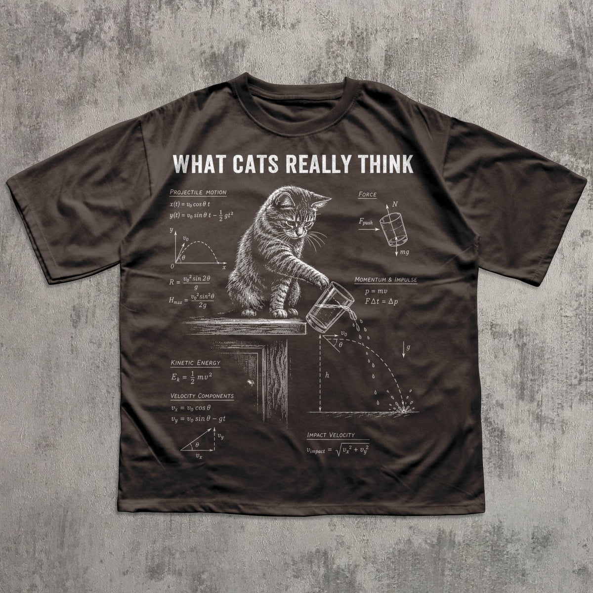 May include: A dark brown t-shirt featuring a white graphic of a cat pushing a glass off a table, surrounded by physics equations and diagrams. The text "WHAT CATS REALLY THINK" is printed in white at the top of the shirt design.
