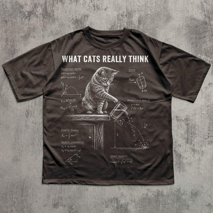 May include: A dark brown t-shirt featuring a white graphic of a cat pushing a glass off a table, surrounded by physics equations and diagrams. The text "WHAT CATS REALLY THINK" is printed in white at the top of the shirt design.