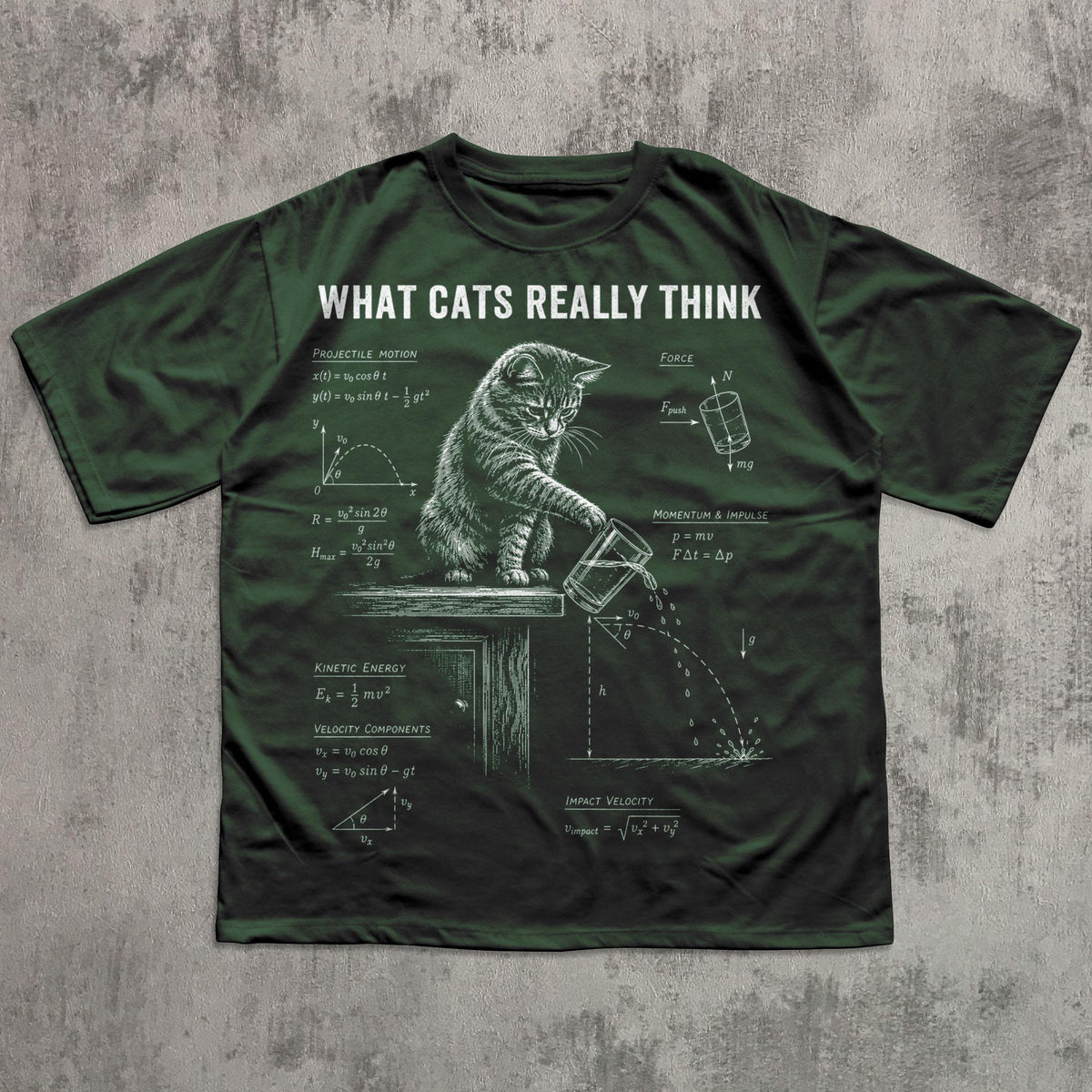 May include: A dark green t-shirt featuring a white graphic of a cat pushing a glass off a table, surrounded by physics equations and the text WHAT CATS REALLY THINK. The design includes diagrams for projectile motion, force, and kinetic energy.