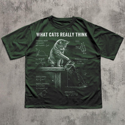 May include: A dark green t-shirt featuring a white graphic of a cat pushing a glass off a table, surrounded by physics equations and the text WHAT CATS REALLY THINK. The design includes diagrams for projectile motion, force, and kinetic energy.