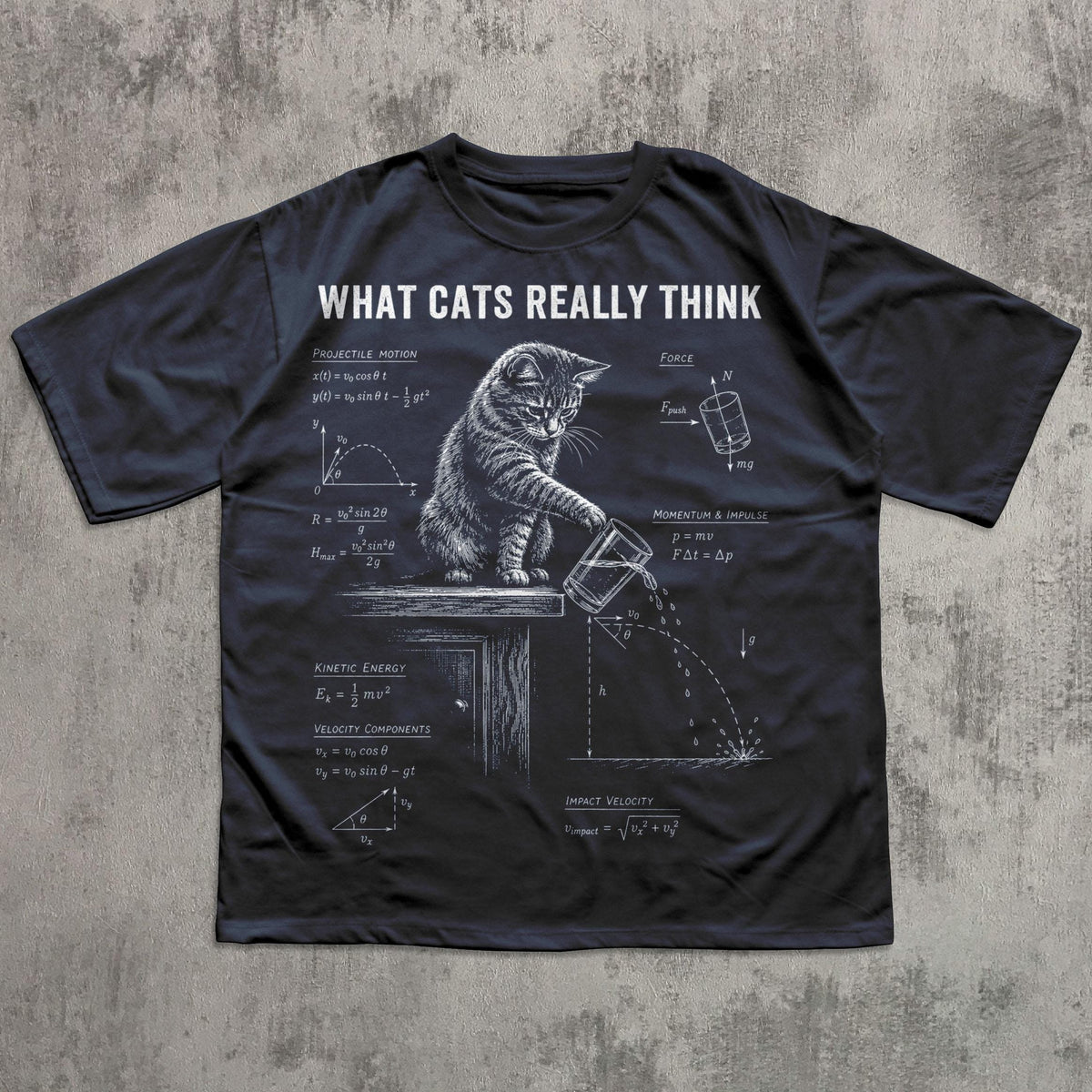 May include: A black t-shirt featuring a white graphic of a cat pushing a glass off a table, surrounded by physics equations and the text "WHAT CATS REALLY THINK". The design includes diagrams for projectile motion, kinetic energy, and impact velocity.