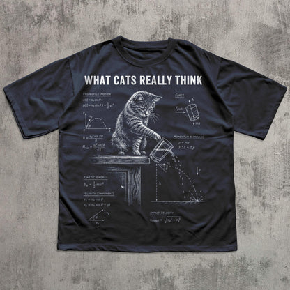 May include: A black t-shirt featuring a white graphic of a cat pushing a glass off a table, surrounded by physics equations and the text "WHAT CATS REALLY THINK". The design includes diagrams for projectile motion, kinetic energy, and impact velocity.