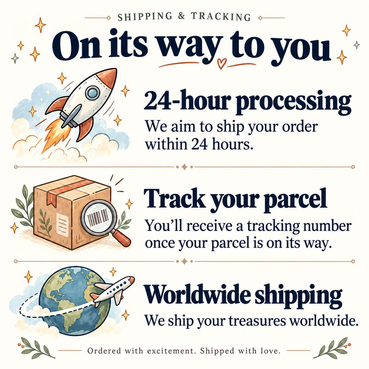 May include: An informational graphic titled Shipping & Tracking On its way to you. It features three sections: a rocket with 24-hour processing text, a cardboard box with a magnifying glass over a barcode for tracking, and a globe with an airplane.