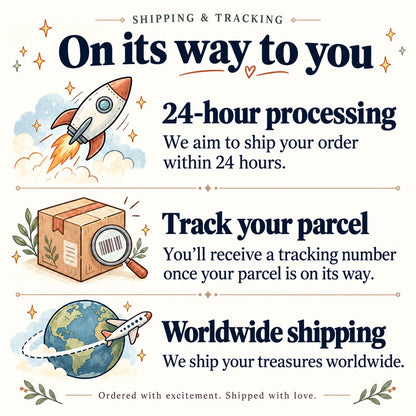 May include: An informational graphic titled Shipping & Tracking On its way to you. It features three sections: a rocket with 24-hour processing text, a cardboard box with a magnifying glass over a barcode for tracking, and a globe with an airplane.