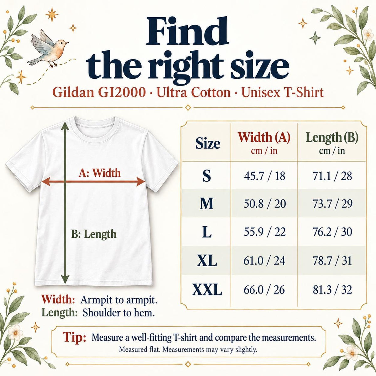 May include: A size chart for a Gildan GI2000 Ultra Cotton unisex t-shirt. The graphic displays a white t-shirt with arrows indicating width and length, alongside a table listing sizes S to XXL with measurements in both centimeters and inches.