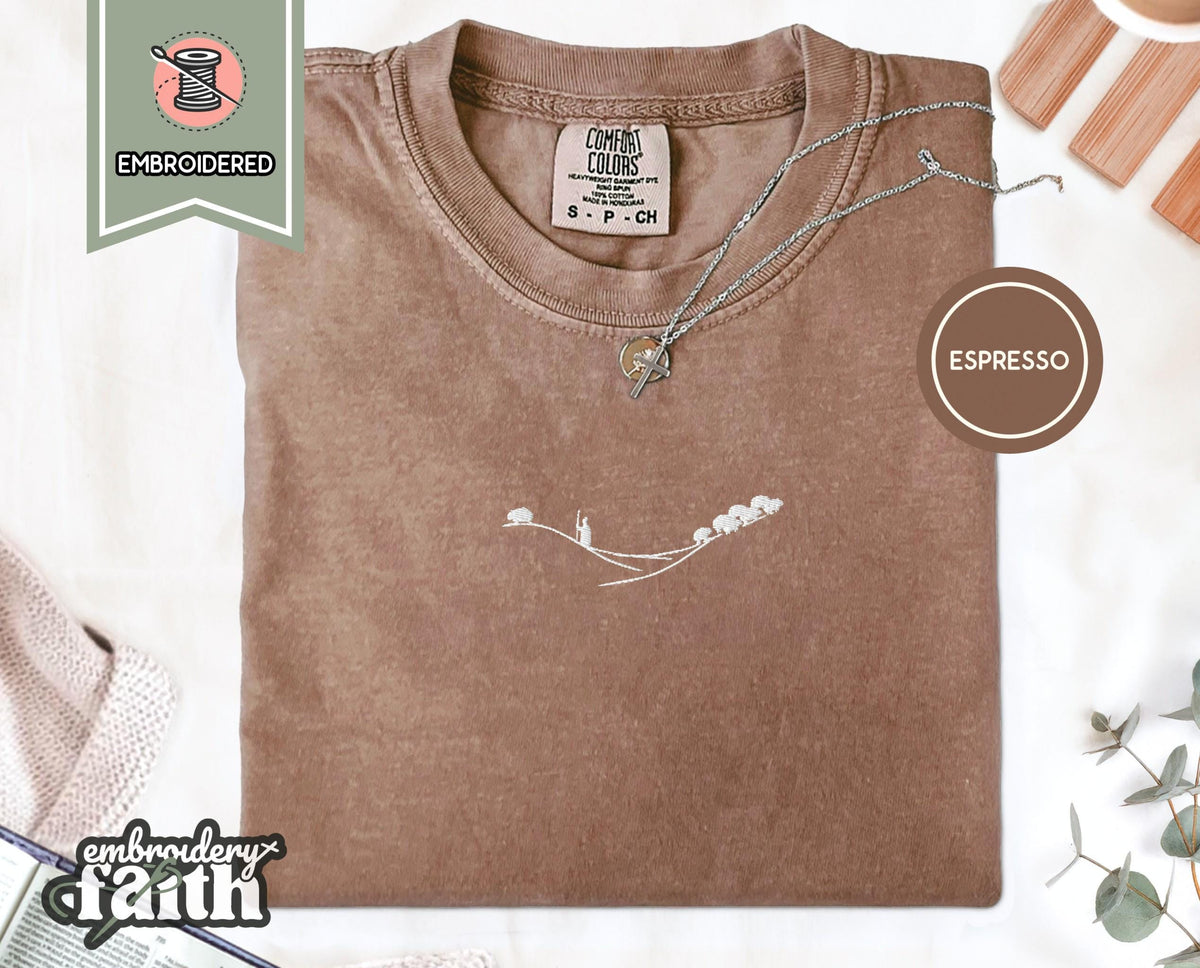 Shepherd and Sheep Shirt, Christian Embroidered Tee, Comfort Colors Faith Shirt Espresso