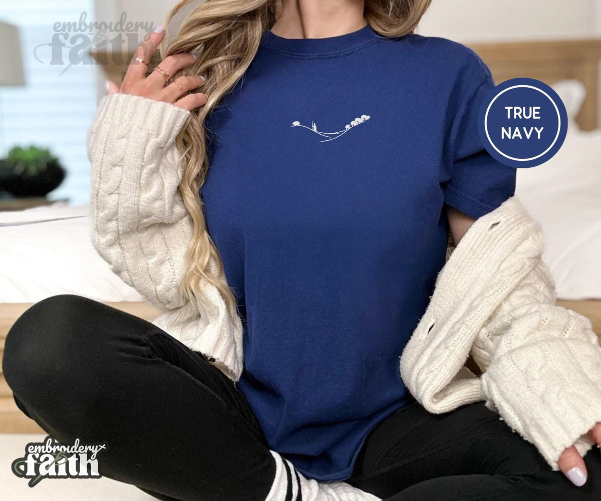 Shepherd and Sheep Shirt, Christian Embroidered Tee, Comfort Colors Faith Shirt True Navy