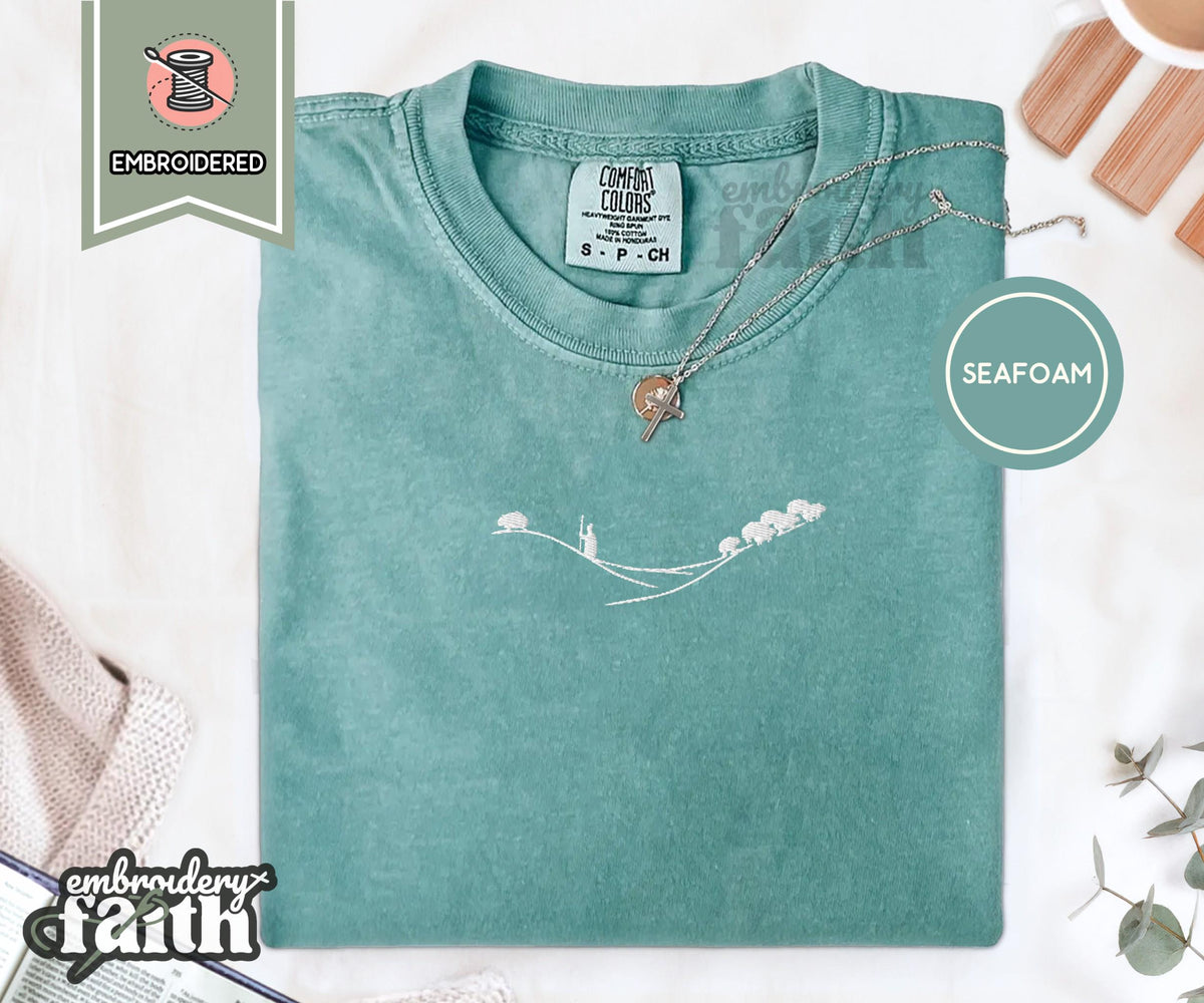 Shepherd and Sheep Shirt, Christian Embroidered Tee, Comfort Colors Faith Shirt Seafoam