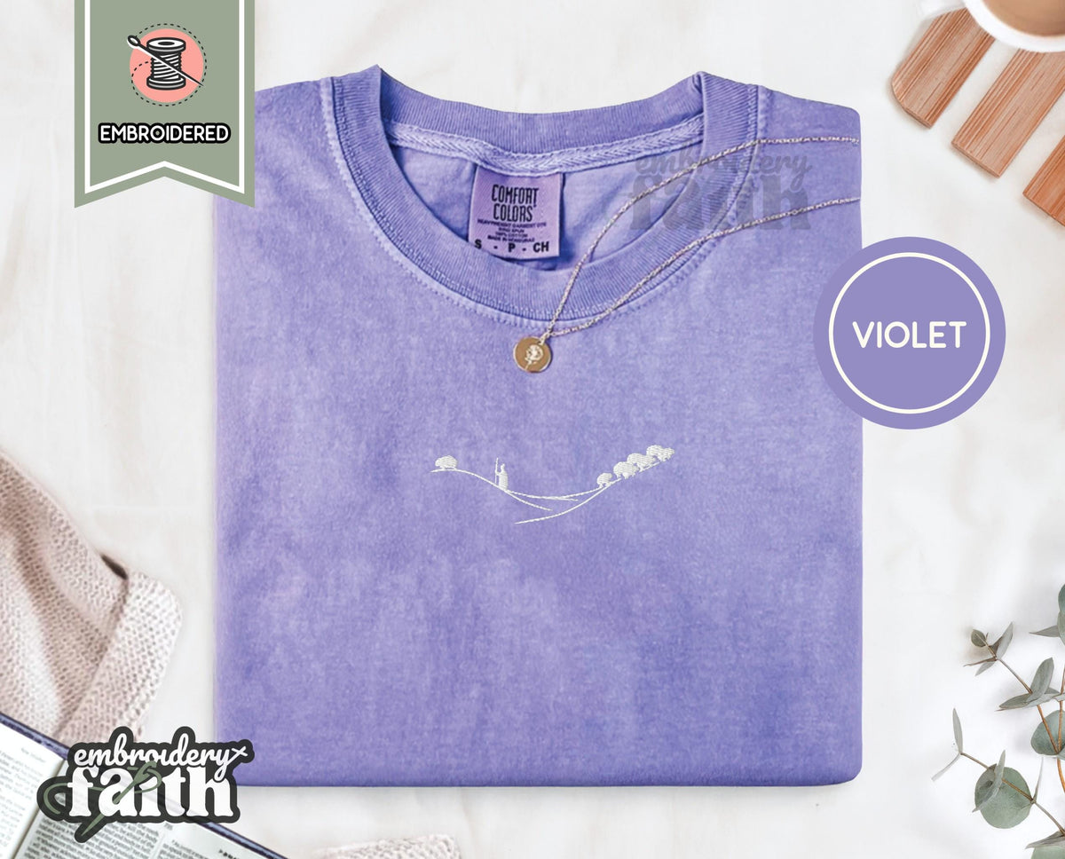 Shepherd and Sheep Shirt, Christian Embroidered Tee, Comfort Colors Faith Shirt Violet
