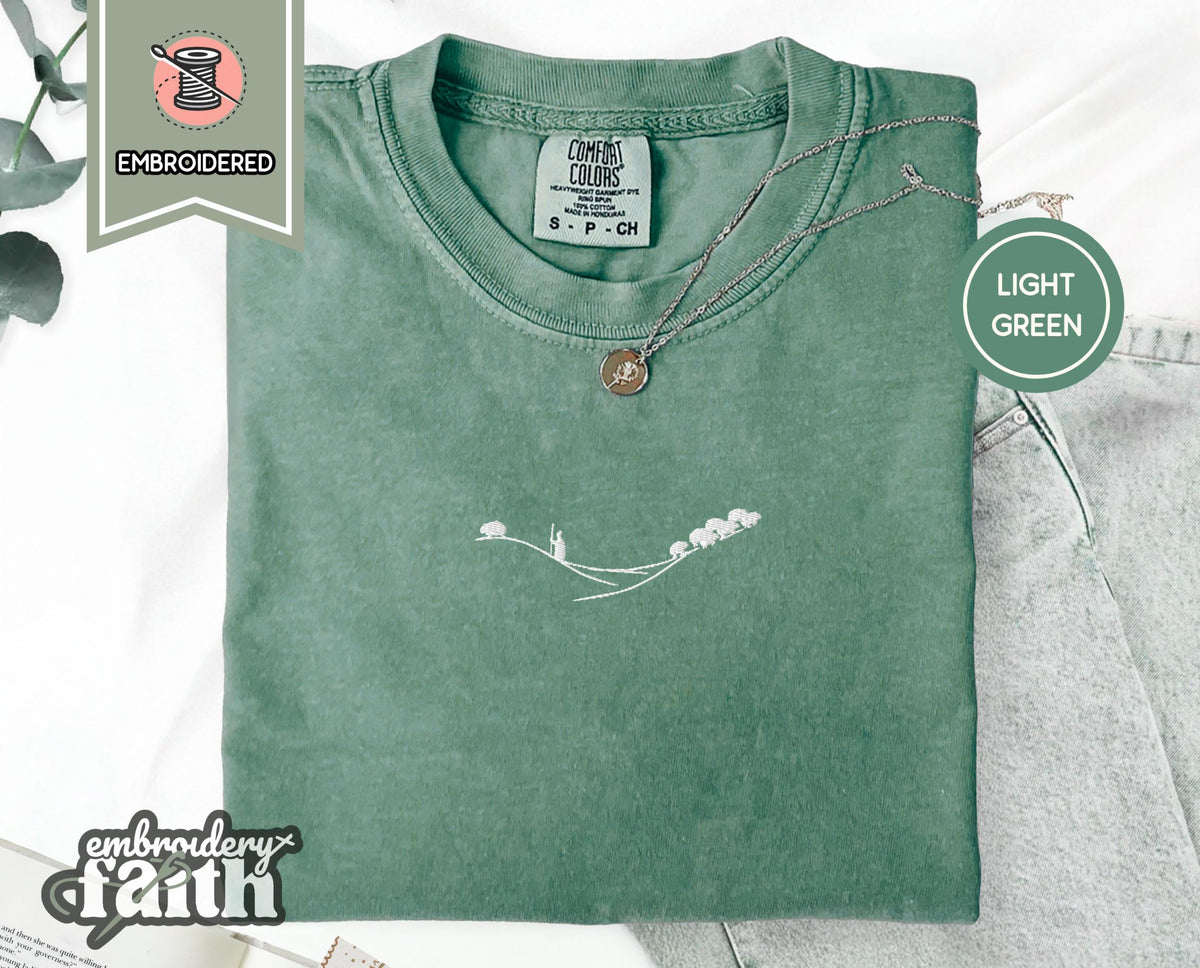 Shepherd and Sheep Shirt, Christian Embroidered Tee, Comfort Colors Faith Shirt Light Green