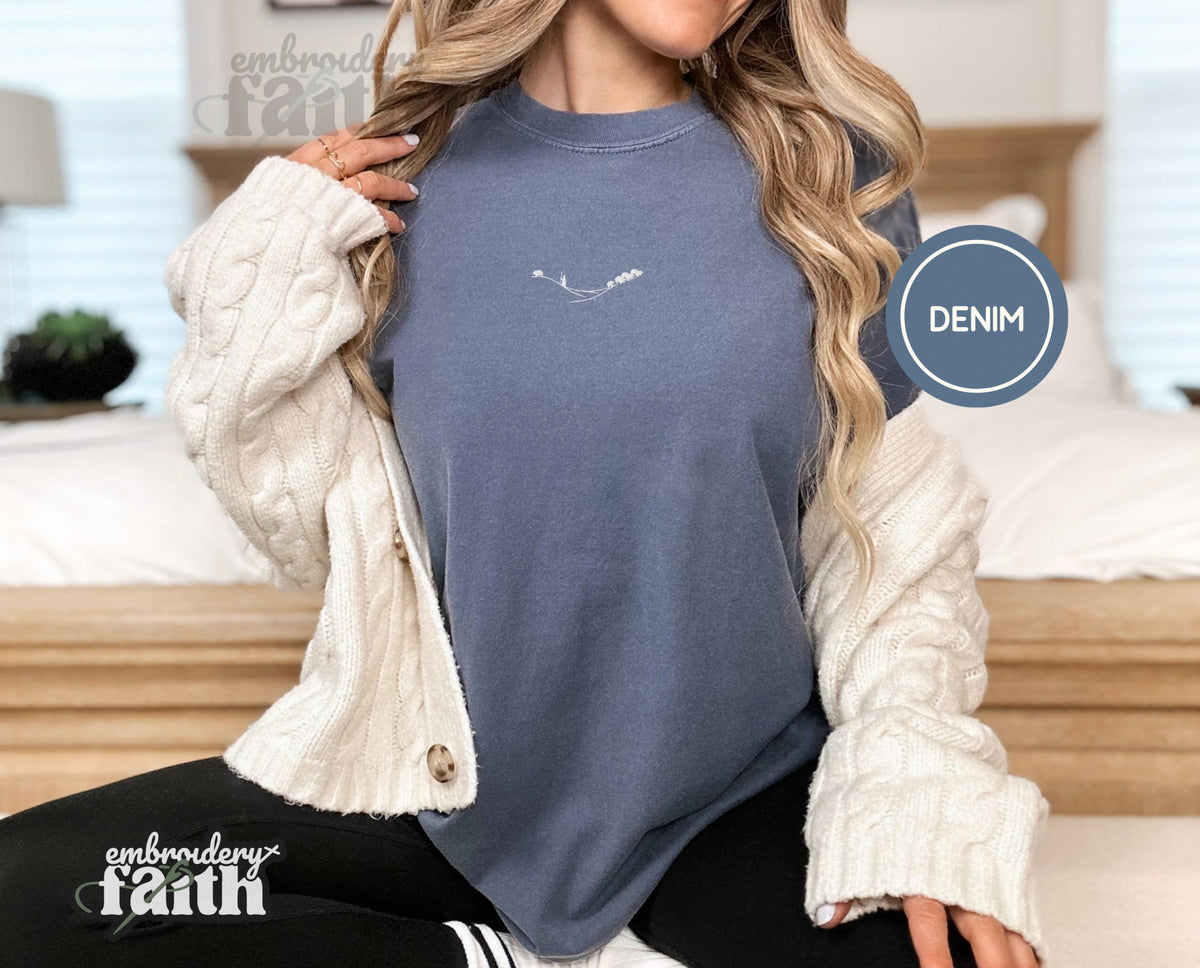 Shepherd and Sheep Shirt, Christian Embroidered Tee, Comfort Colors Faith Shirt Denim