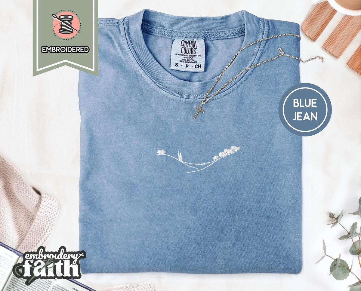 Shepherd and Sheep Shirt, Christian Embroidered Tee, Comfort Colors Faith Shirt Blue Jean