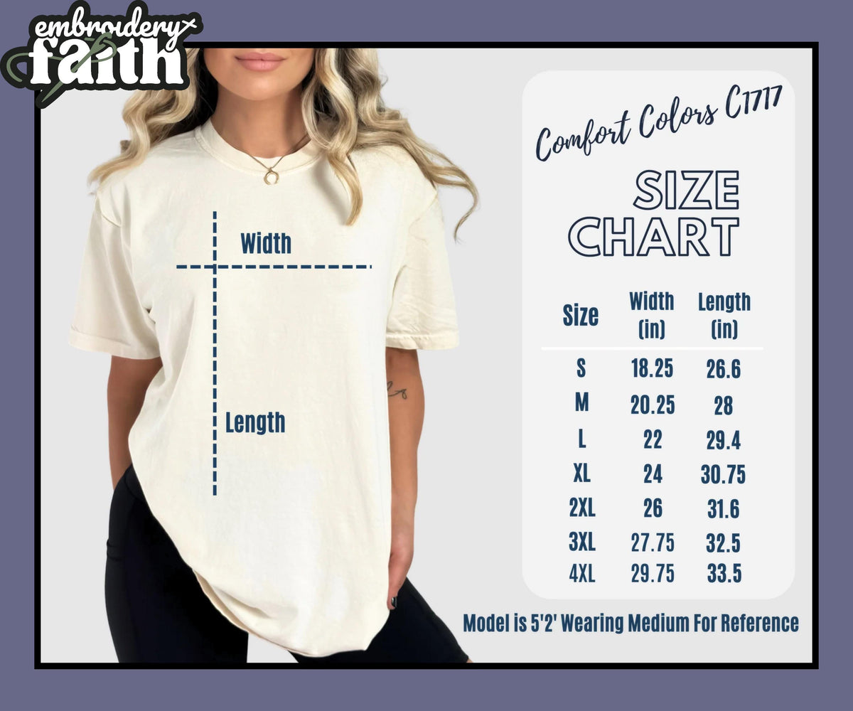 May include: A cream-colored short-sleeve t-shirt with a size chart graphic. The chart lists Comfort Colors C1717 sizes from S to 4XL with width and length measurements in inches. A diagram on the shirt illustrates how to measure width and length.