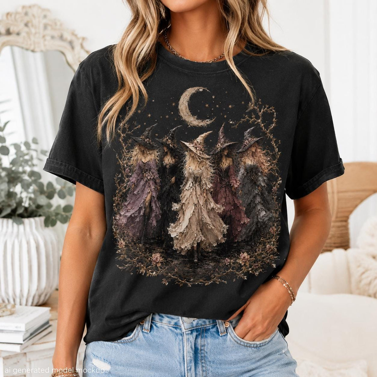 Black t-shirt with graphic of four witches under a crescent moon and stars.