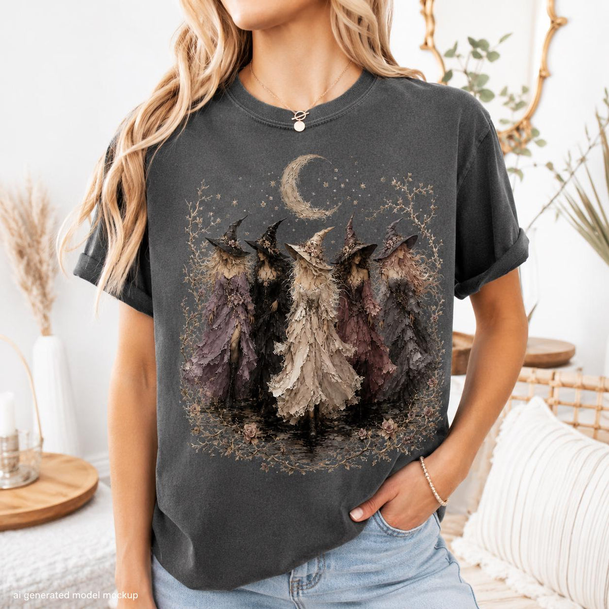 Dark t-shirt with a graphic of five witches standing under a crescent moon.