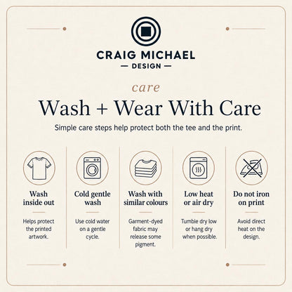 Craig Michael Design care instructions: Wash inside out, cold gentle wash, wash similar colors, low heat dry, do not iron.