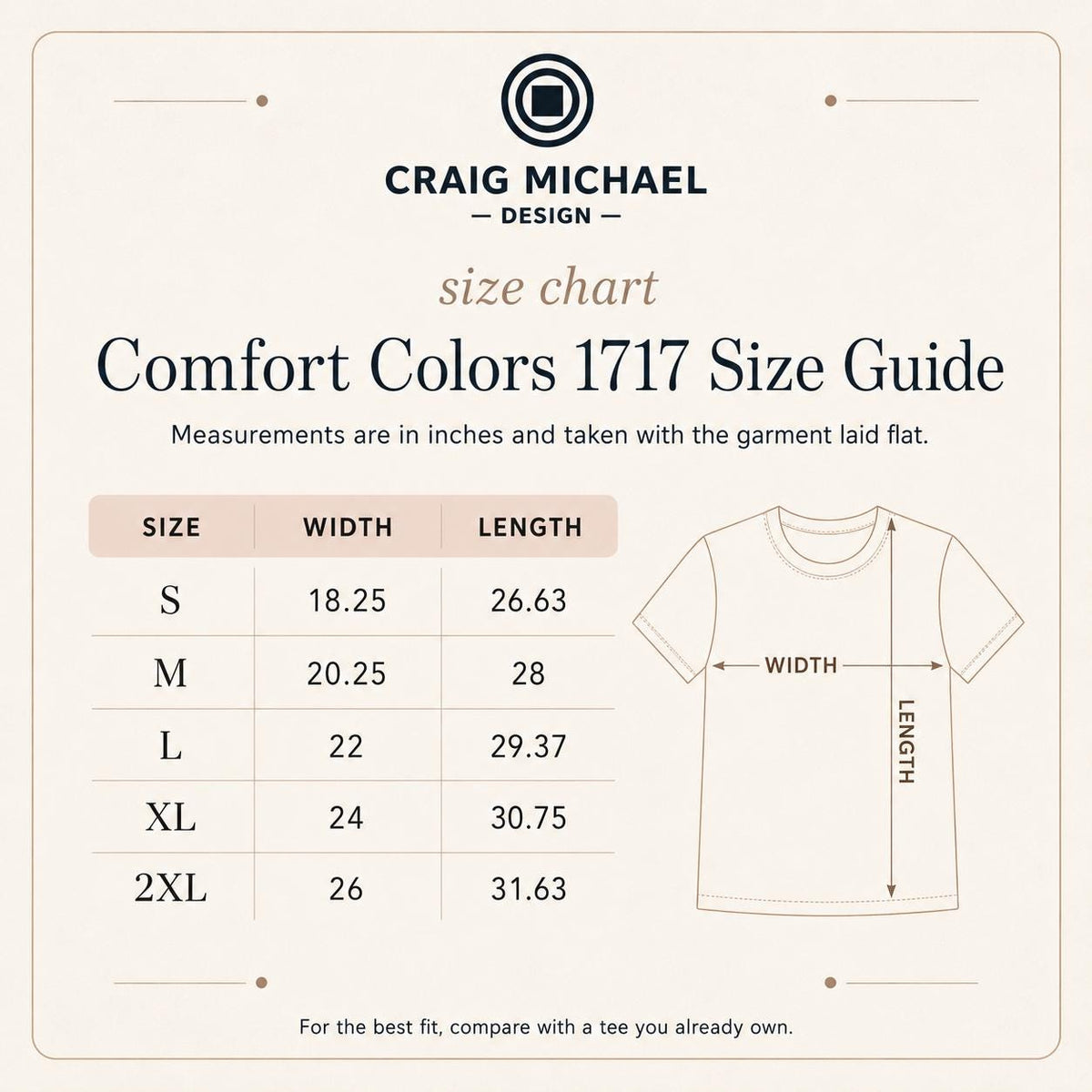 Comfort Colors 1717 size guide with width and length measurements for sizes S to 2XL.
