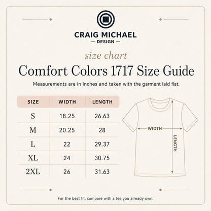 Comfort Colors 1717 size guide with width and length measurements for sizes S to 2XL.