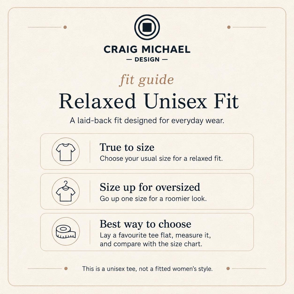Craig Michael Design fit guide for relaxed unisex fit tees.