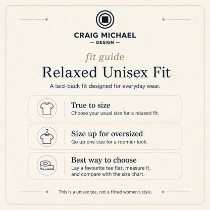 Craig Michael Design fit guide for relaxed unisex fit tees.