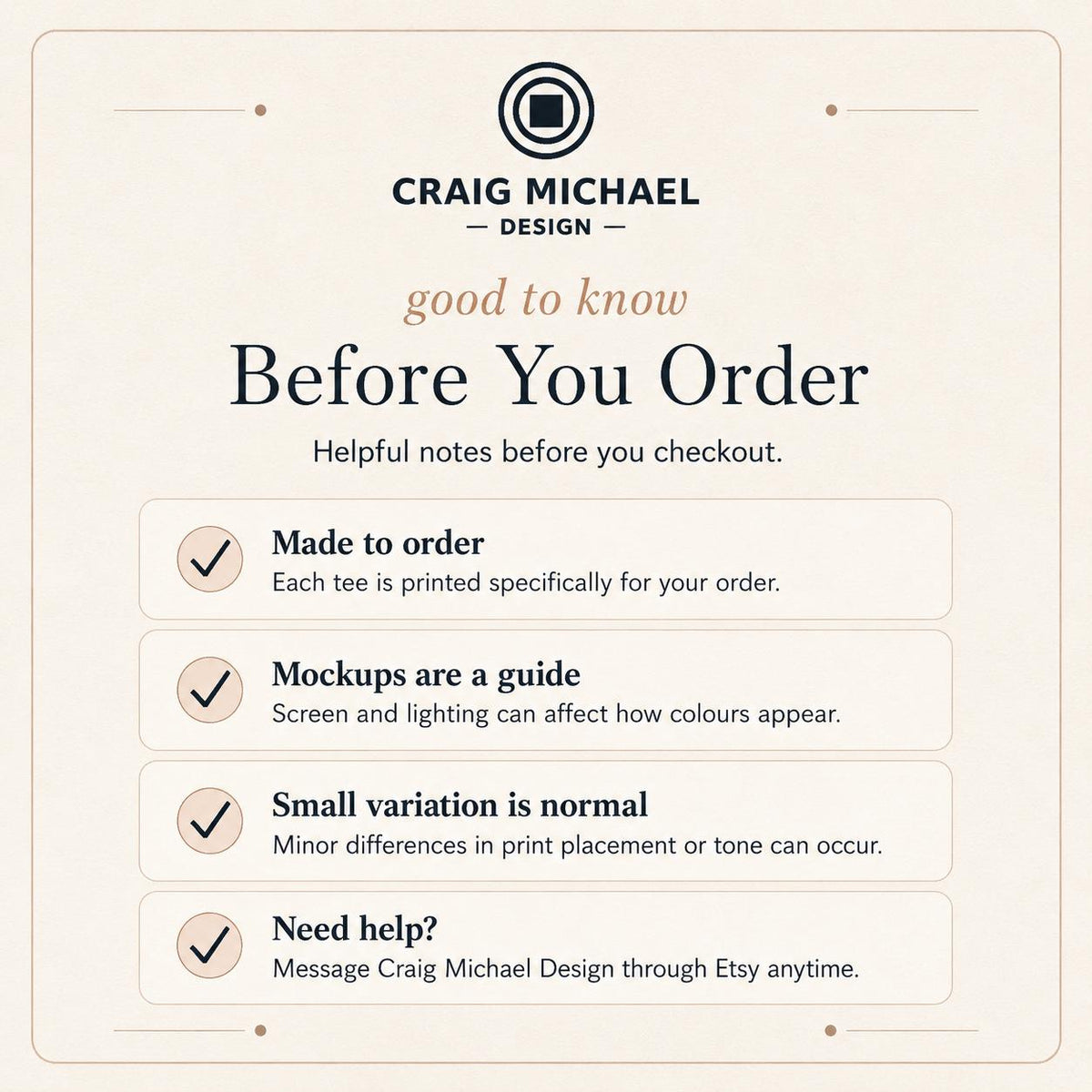 Craig Michael Design: Before You Order notes on made to order, mockups, and variations.