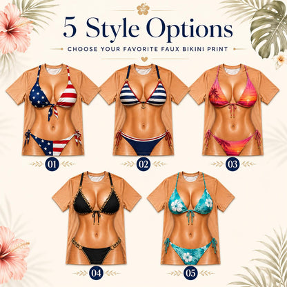 May include: Five tan t-shirts featuring a printed graphic of a torso wearing different faux bikini styles. The text reads 5 Style Options and CHOOSE YOUR FAVORITE FAUX BIKINI PRINT. The designs include American flag, striped, sunset, leopard, and floral patterns.