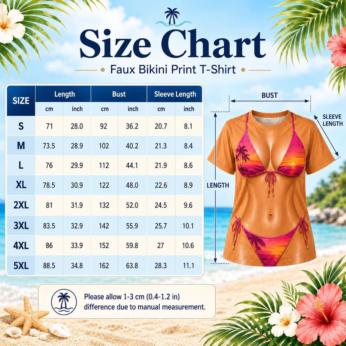 May include: A size chart for a faux bikini print t-shirt, displaying measurements in centimeters and inches for sizes S through 5XL. The chart includes columns for length, bust, and sleeve length, alongside a graphic of an orange t-shirt.