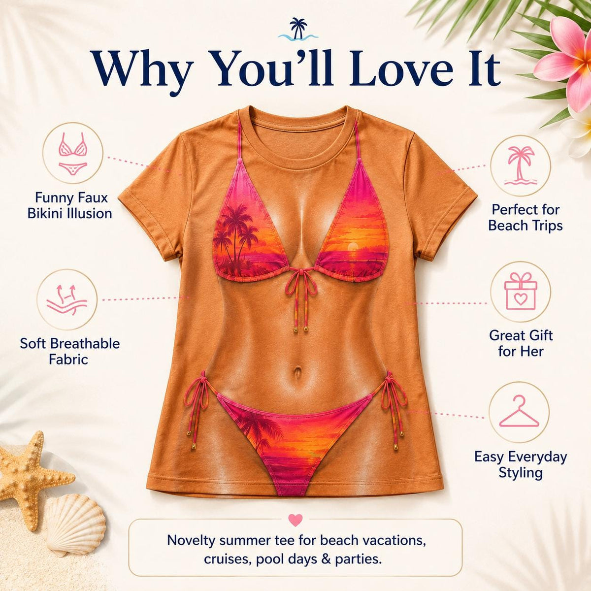 May include: A tan short-sleeved t-shirt featuring a graphic print of a pink and orange sunset beach scene shaped like a bikini. The text reads Why You'll Love It, Funny Faux Bikini Illusion, Perfect for Beach Trips, Soft Breathable Fabric, Great Gift for Her, Easy Everyday Styling, and Novelty summer tee for beach vacations, cruises, pool days & parties.