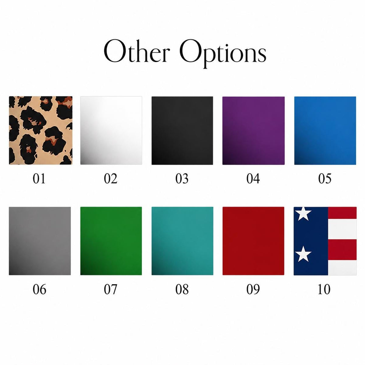 May include: A grid of ten color and pattern options labeled Other Options. The squares include leopard print, white, black, purple, blue, gray, green, teal, red, and a United States flag pattern, each numbered from 01 to 10 in a clear font.