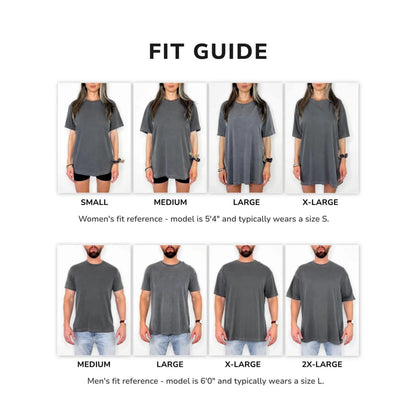 May include: A fit guide chart displaying two rows of four individuals wearing charcoal grey t-shirts in sizes small through 2X-large. The top row shows sizes small to extra-large, and the bottom row shows medium to 2X-large with height references.