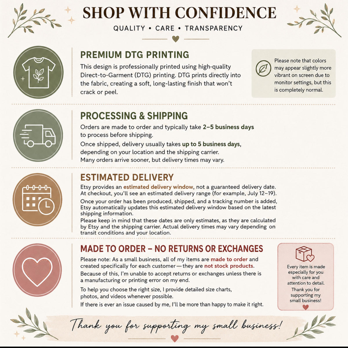 May include: An informational graphic titled SHOP WITH CONFIDENCE featuring sections on premium DTG printing, processing, shipping, estimated delivery, and made-to-order policies. The design uses earth-toned circular icons and text boxes.