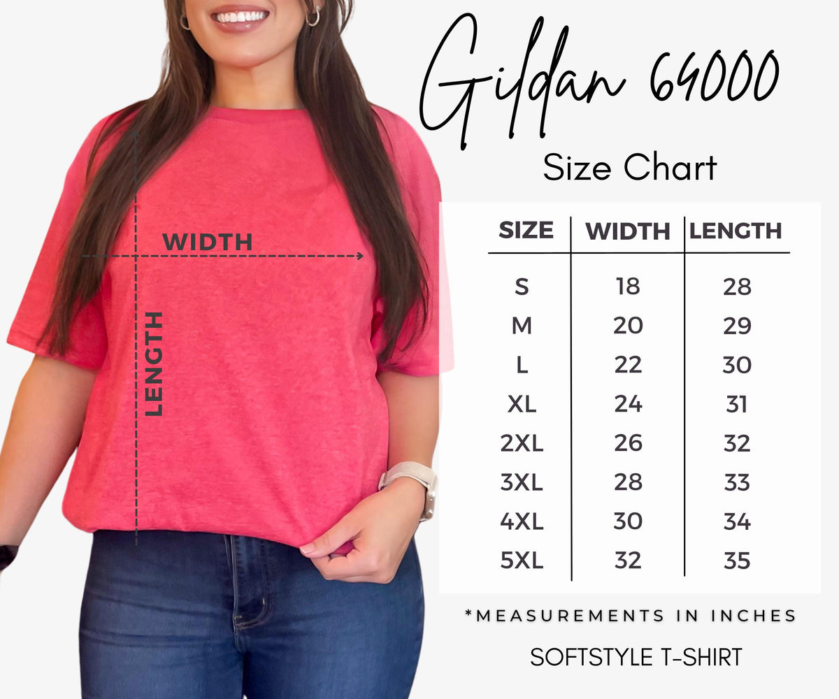 May include: A Gildan 64000 Softstyle t-shirt size chart featuring a pink t-shirt and a table listing sizes S through 5XL with corresponding width and length measurements in inches. The chart displays width and length dimensions for each size.