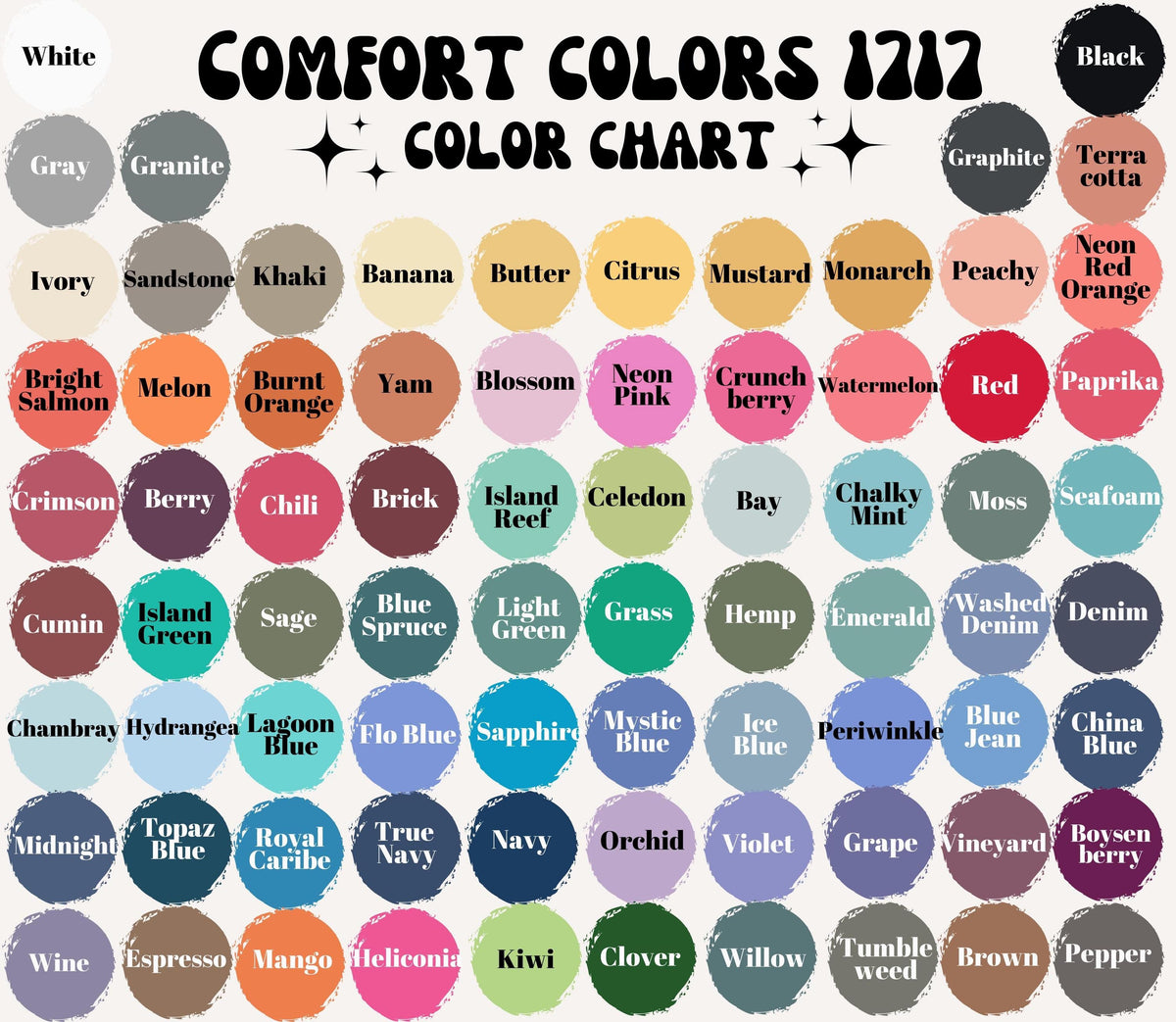 May include: A Comfort Colors 1717 color chart featuring a grid of circular paint swatches in various shades including white, black, gray, yellow, orange, red, pink, green, blue, purple, and brown, each labeled with its corresponding color name.