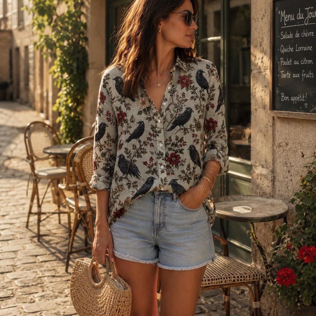May include: A long-sleeved button-down shirt featuring a repeating pattern of black birds and red flowers on a light gray background, paired with light blue denim shorts with a raw hem and a woven straw handbag with a circular handle.