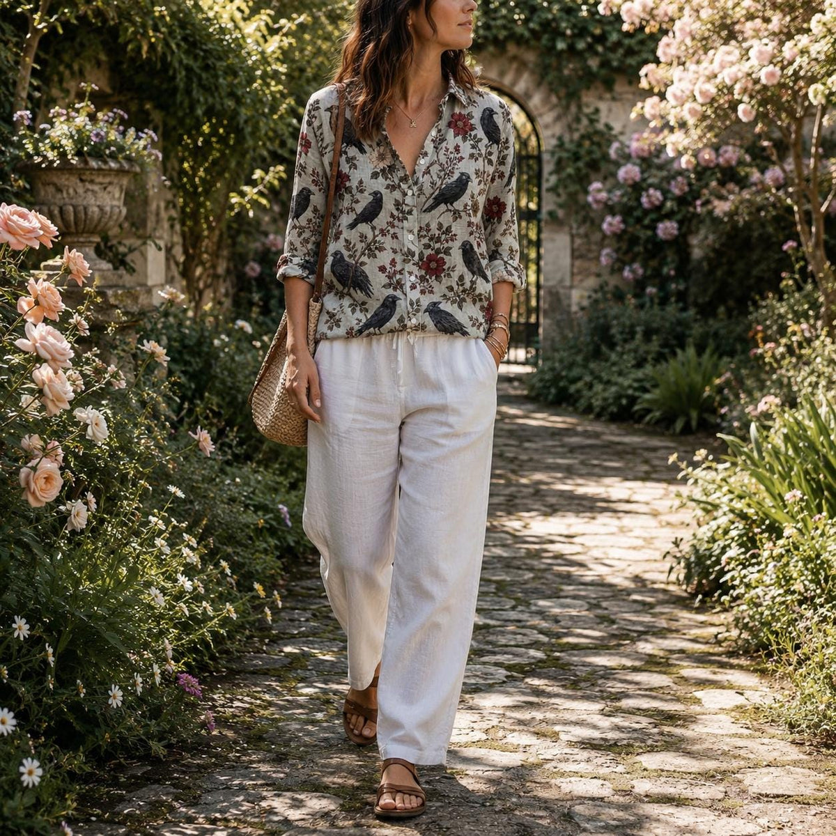 May include: A long-sleeved button-down shirt featuring a pattern of black crows and red flowers on a light gray background, paired with loose-fitting white trousers and a woven straw shoulder bag. The shirt has a collar and a front button placket.