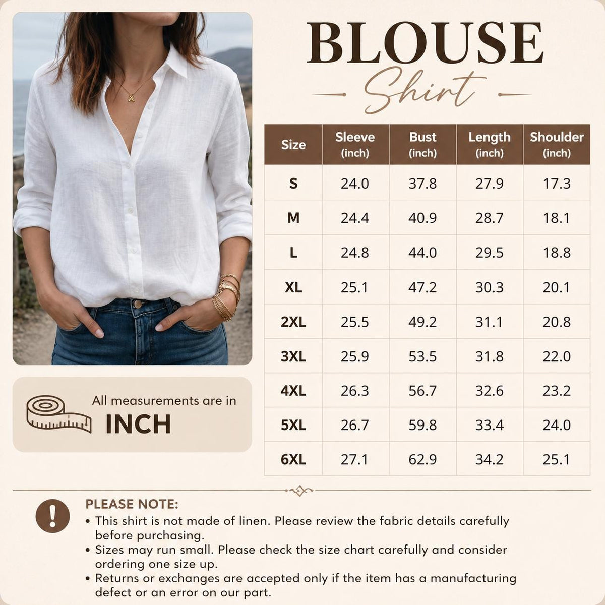 May include: A white long-sleeved button-down blouse with a collar and a V-neckline. The image includes a size chart with measurements in inches for sizes S through 6XL, detailing sleeve, bust, length, and shoulder dimensions for the garment.
