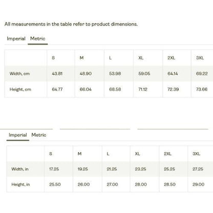 May include: A size chart table displaying product dimensions in both metric and imperial units. The table lists widths and heights for sizes S, M, L, XL, 2XL, and 3XL. Metric values range from 43.81 cm to 73.66 cm, and imperial values from 17.25 in to 29.00 in.