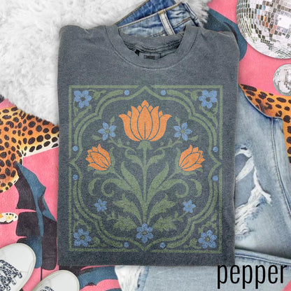 Vintage Folk Art Floral Graphic Tee, Scandinavian Botanical Flower Shirt, Nordic Cottagecore Nature Style Top, Comfort Colors® Floral Gift image 5