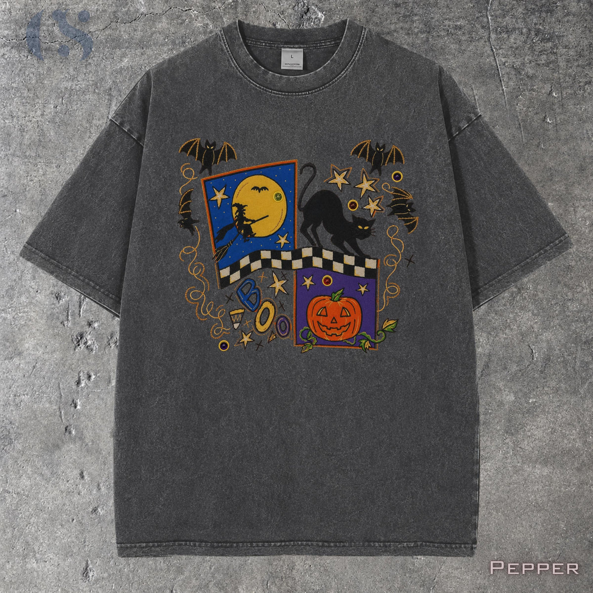 May include: A charcoal gray short-sleeve t-shirt featuring a graphic print with a yellow moon, a black cat, a witch on a broomstick, a jack-o'-lantern, bats, stars, and a checkered pattern. The word BOO is printed in blue letters on the front.