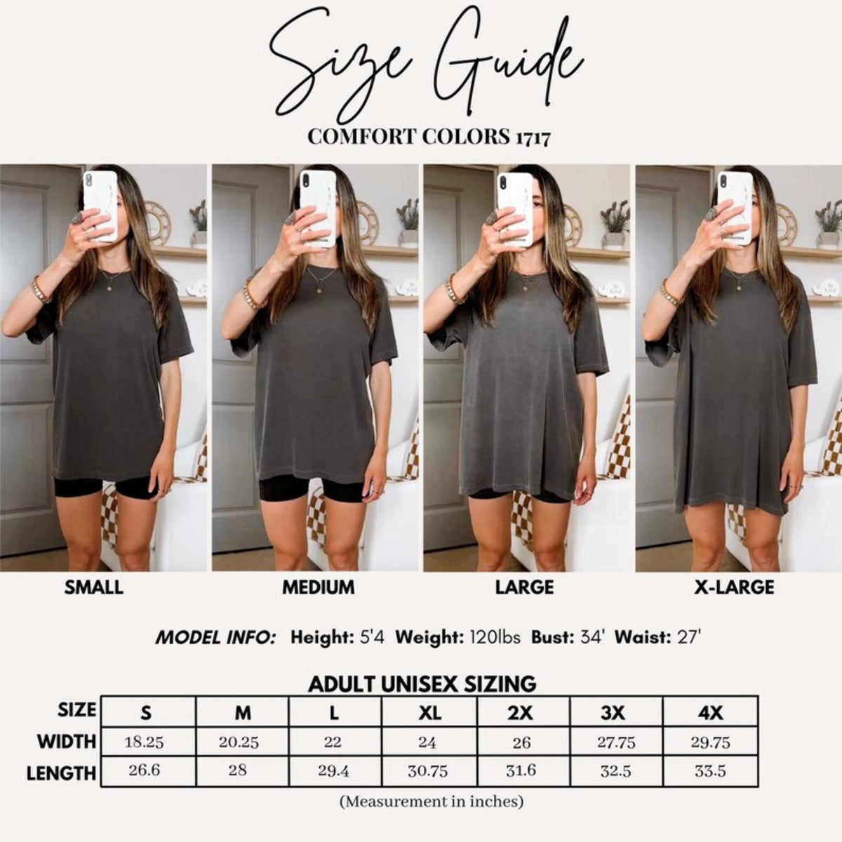 May include: A Comfort Colors 1717 size guide featuring four photos of a charcoal gray t-shirt in sizes small, medium, large, and extra-large. Includes model info with height, weight, bust, and waist, plus a sizing chart with width and length in inches.
