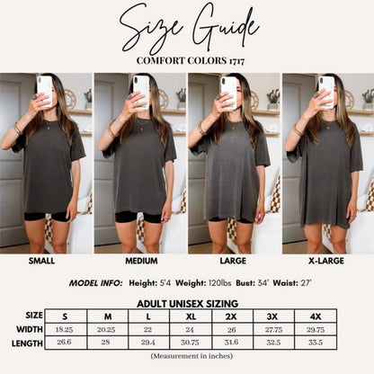 May include: A Comfort Colors 1717 size guide featuring four photos of a charcoal gray t-shirt in sizes small, medium, large, and extra-large. Includes model info with height, weight, bust, and waist, plus a sizing chart with width and length in inches.